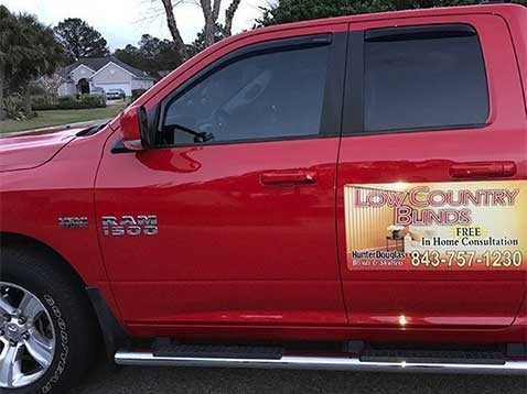 Red truck with the company logo