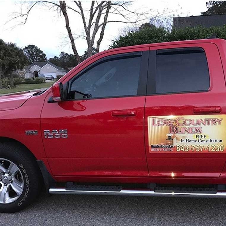 Red truck with the company logo